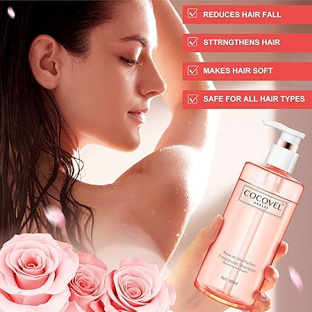 COCOVEL Rose De Mai Parfum Fragranced Shampoo with 100% Natural Rose Provides Deep Conditioning & Strength, 300ML