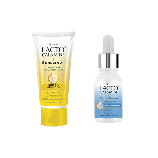 Lacto Calamine 2% Hyaluronic acid with Penta-Ceramide complex 30 ml Daily Face Serum & Daily Sunshield SPF 50 PA+++ Matte Look Sunscreen 50 g