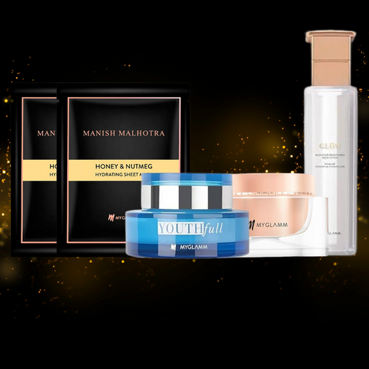 Manish Malhotra Beauty By MyGlamm Sheet Mask & Brightening Body Lotion & Face Scrub Gel & Hydrating Cleansing Mask